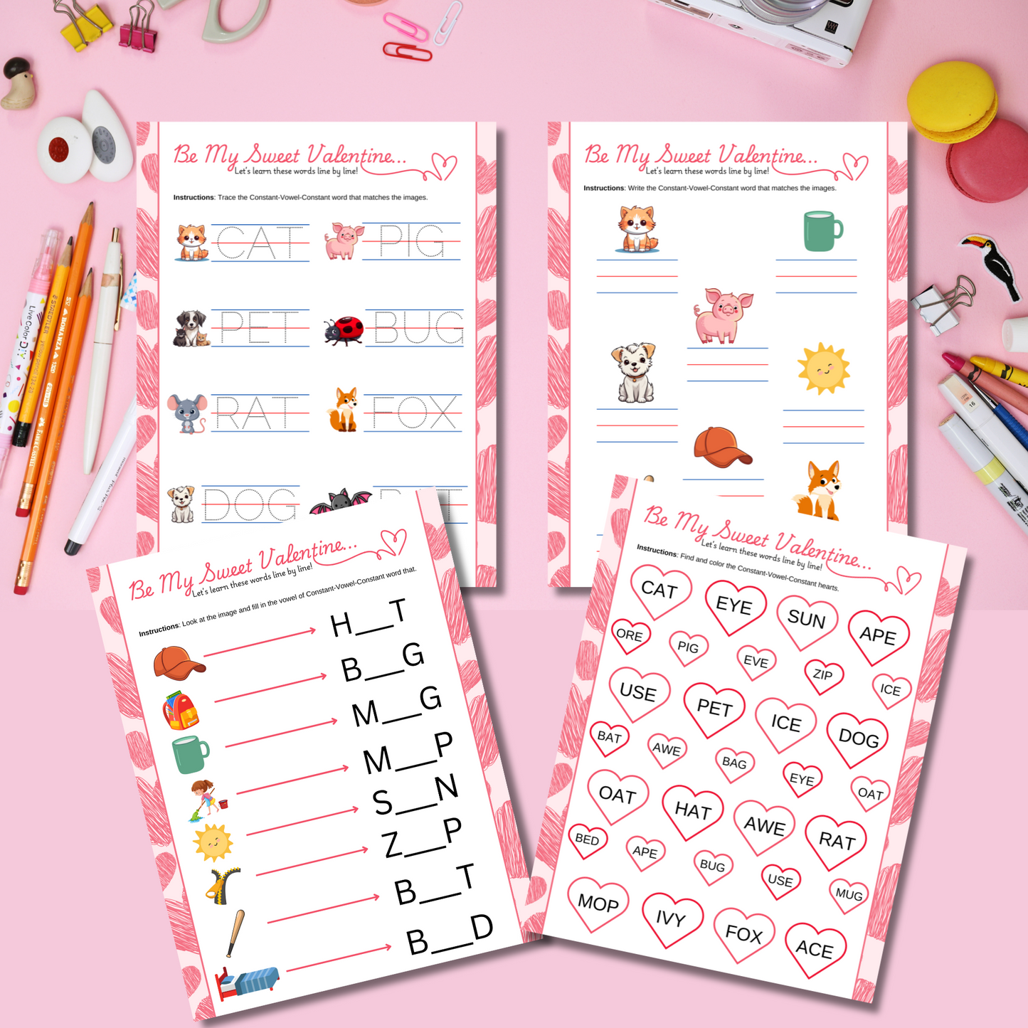 Valentine’s Day CVC Word Worksheets for Early Readers