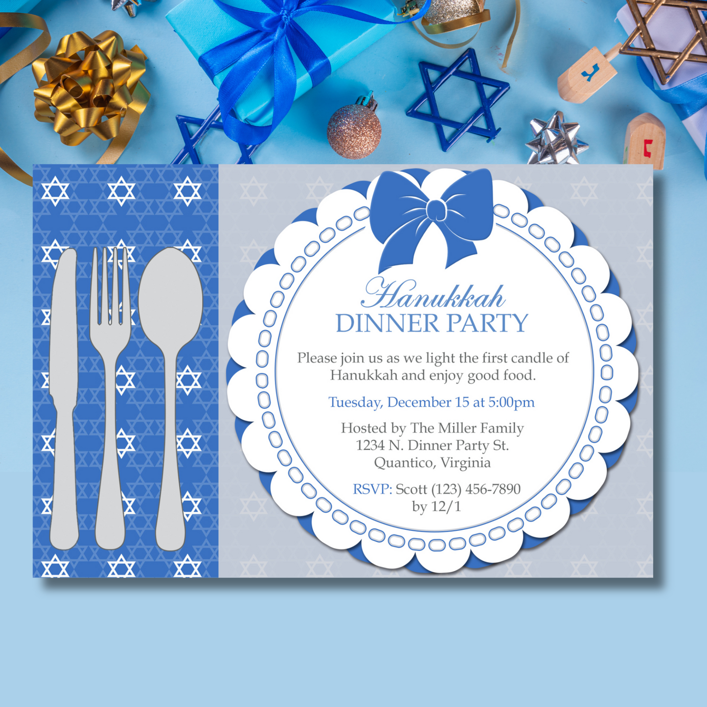 Hanukkah Dinner Party Invite | Free Template Preview Holiday Xmas Party Invite | Free Template Preview Be Thankful Thanksgiving Invite | Free Template Preview Thanksgiving Turkey Invite | Free Template Preview