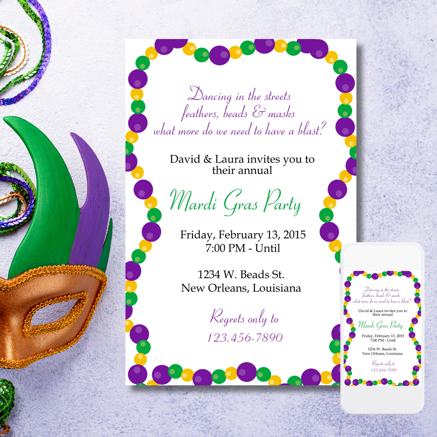 Mardi Gras Beads Invite | Free Template Preview