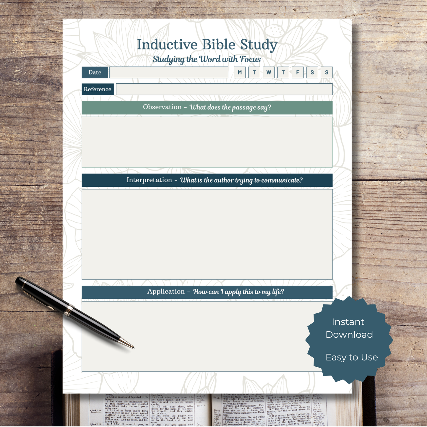 Inductive Bible study worksheet on a wooden surface with a pen.