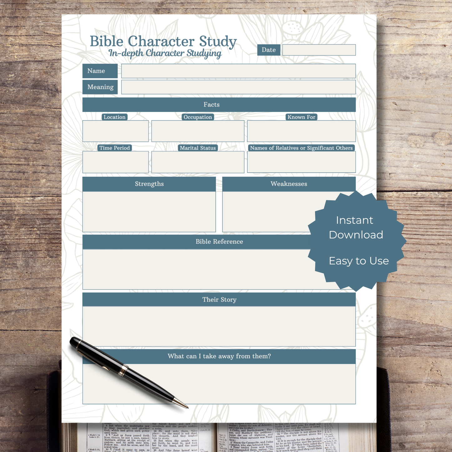 Bible character study worksheet on a wooden surface with a pen.
