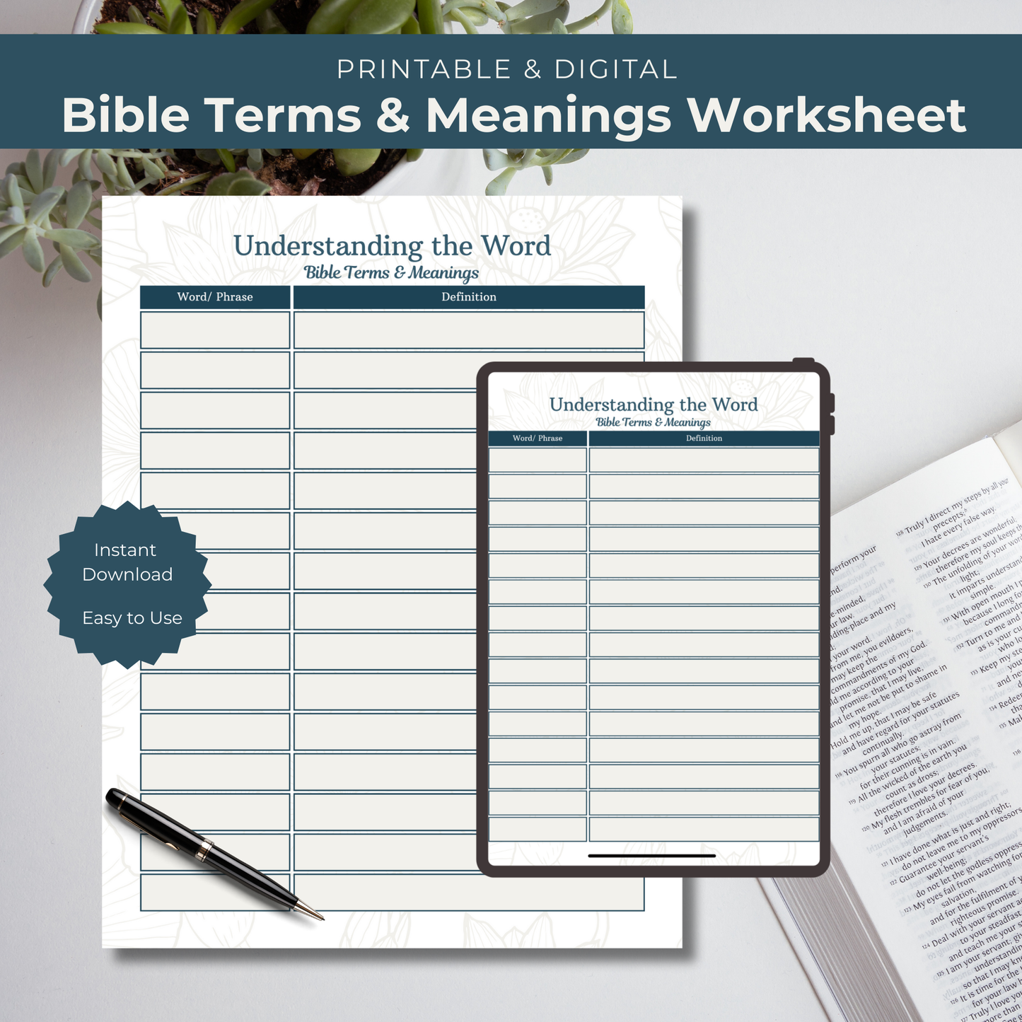 Bible Terms & Meanings Worksheet with digital and printable options on a white surface with a pen and open book.