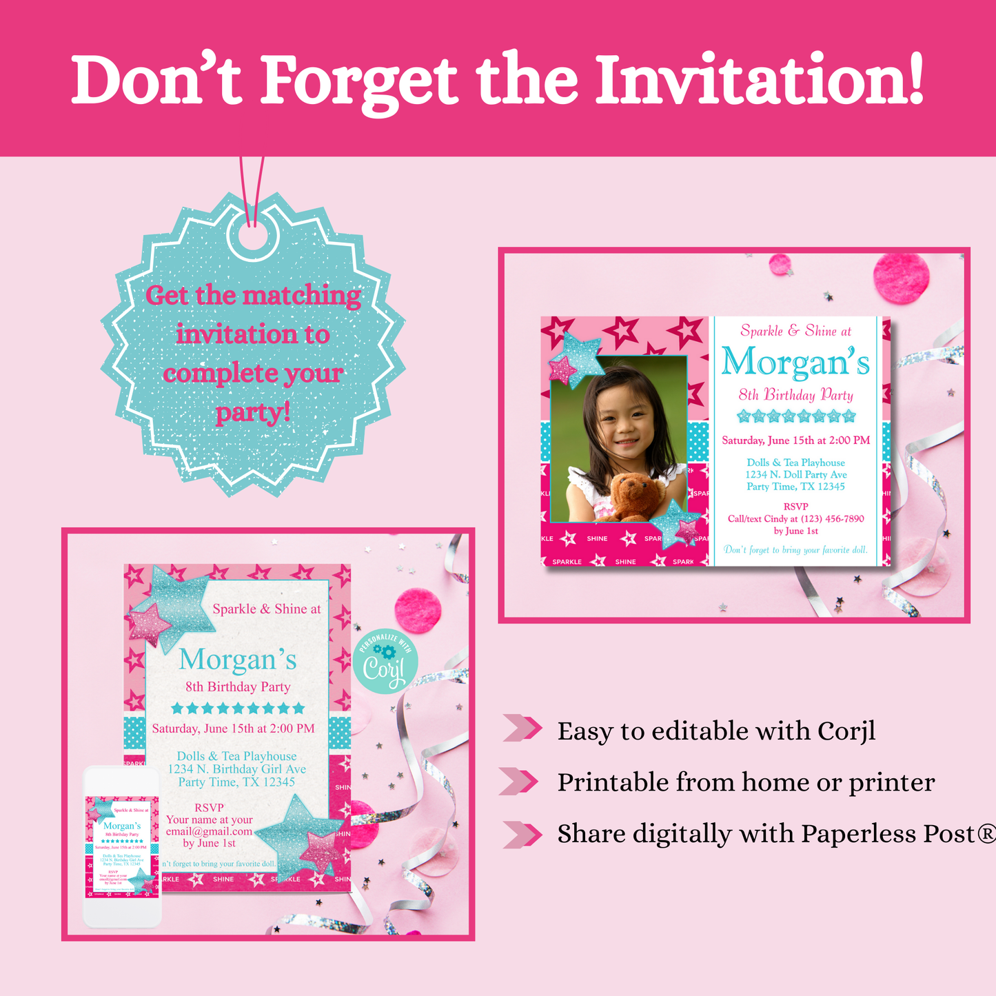 American Birthday girl pink and teal invitation