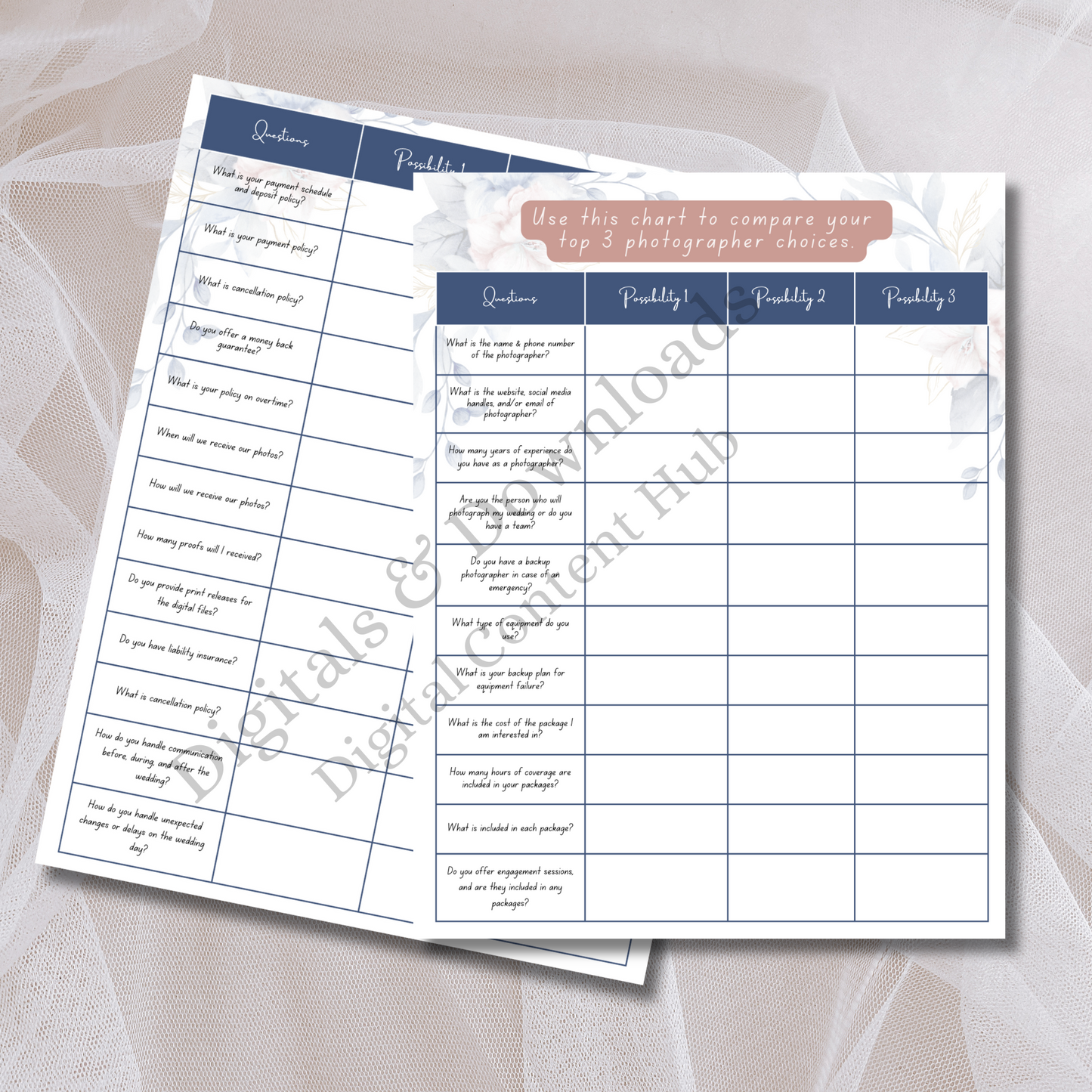 Wedding Photographer Comparison Chart - Printable & Digital