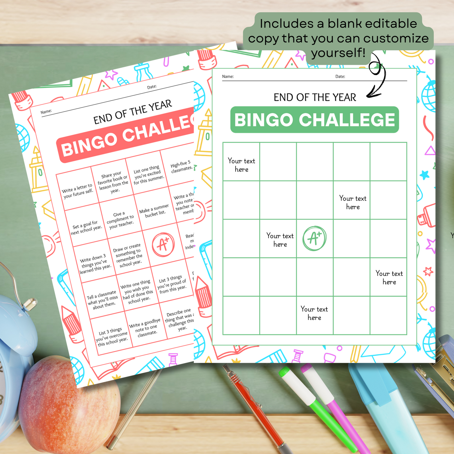 Two printable bingo challenge worksheets titled 'END OF THE YEAR BINGO CHALLENGE', one with pre-filled challenges and another blank for customization, displayed on a table with stationery items.