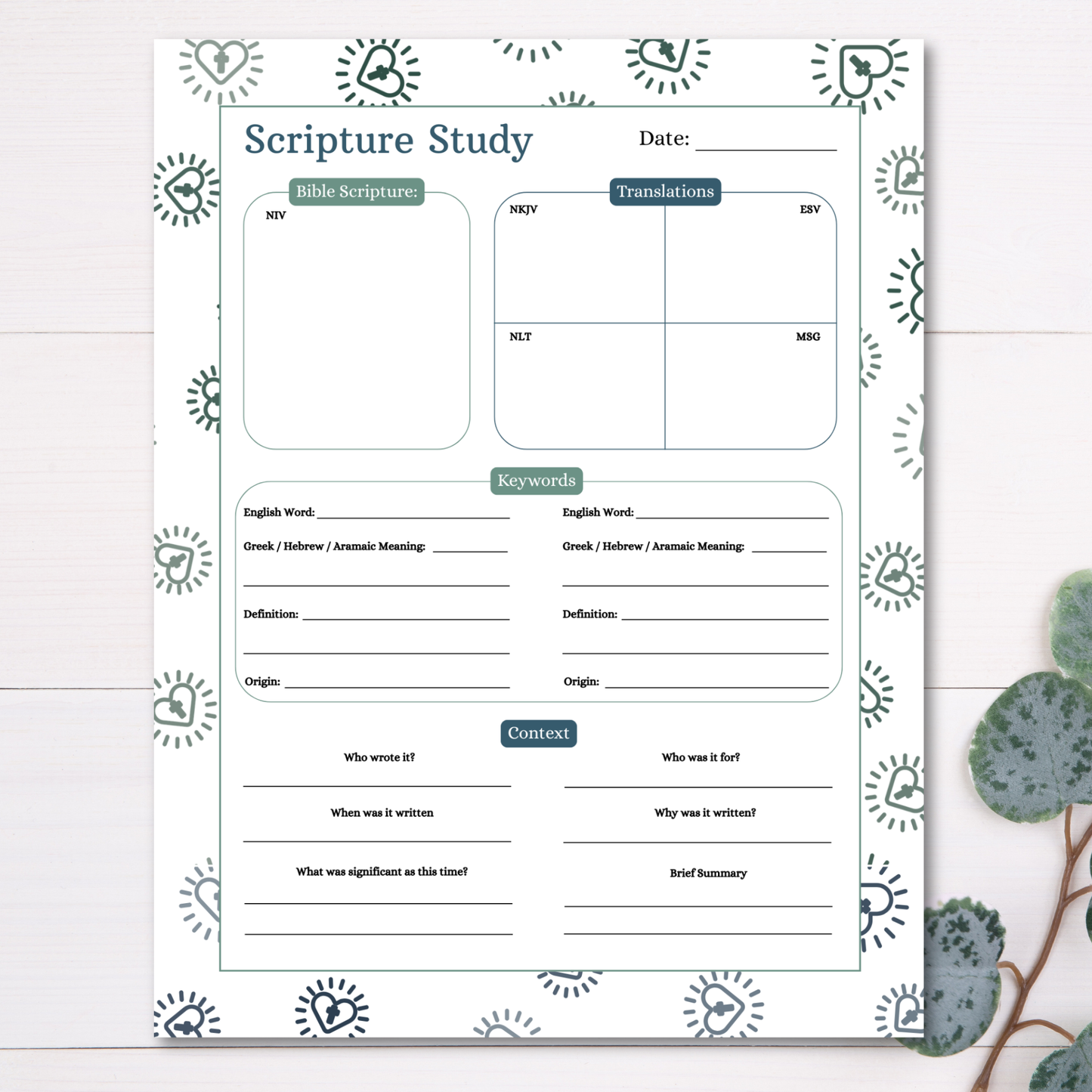 Sheet of paper with a Scripture Study template on a white background