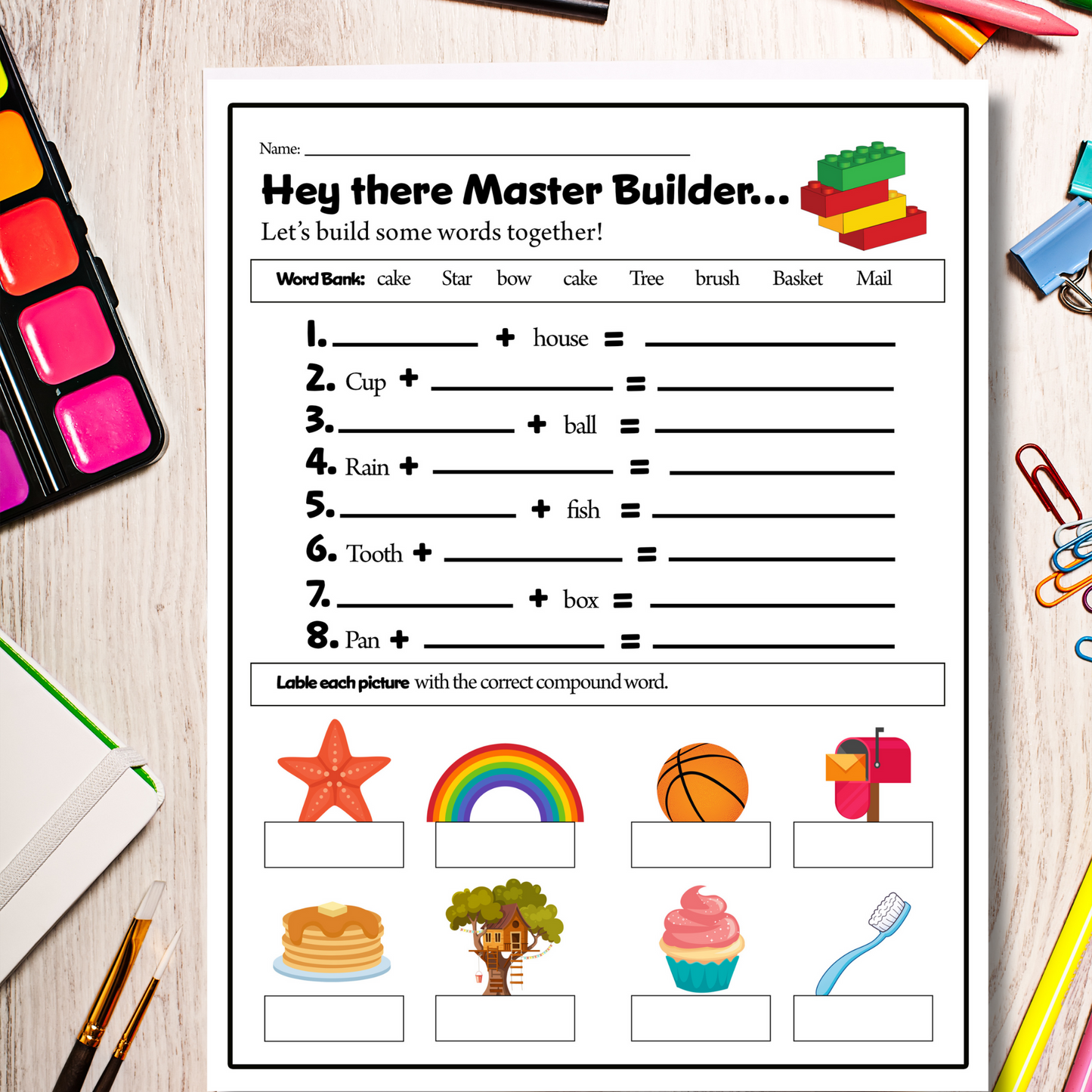 Rainbow and Stars Compound Word Worksheet