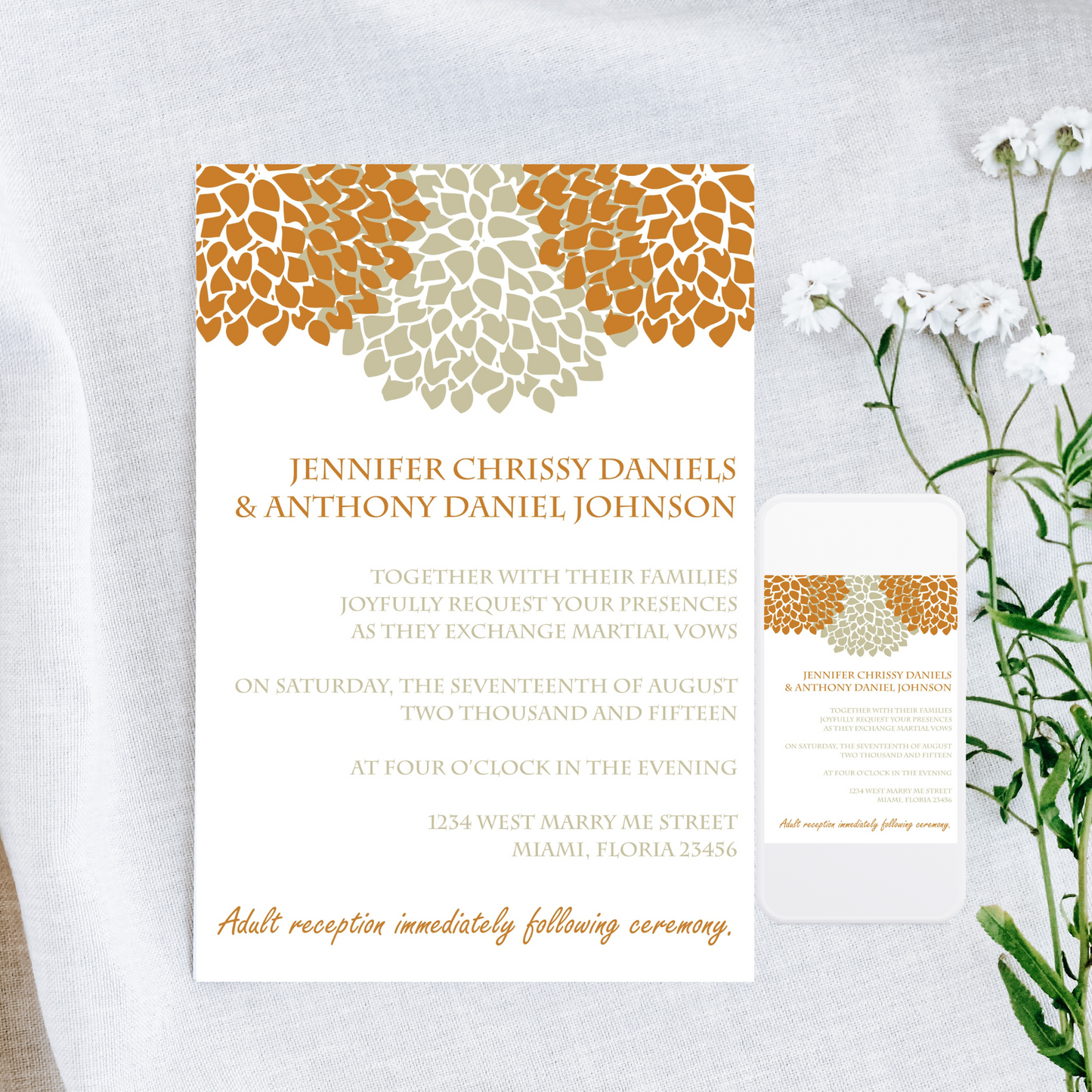 Pom-Pom Blossom Wedding Invite | Free Template Preview