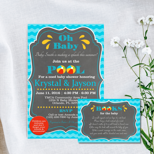 Pool Party Baby Shower Invite with Book Request Card