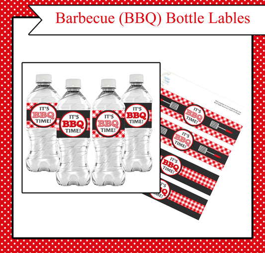 Barbecue-themed bottle labels on water bottles with a red and white polka dot border.