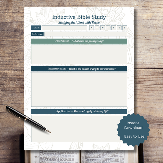 Inductive Bible study worksheet on a wooden surface with a pen.