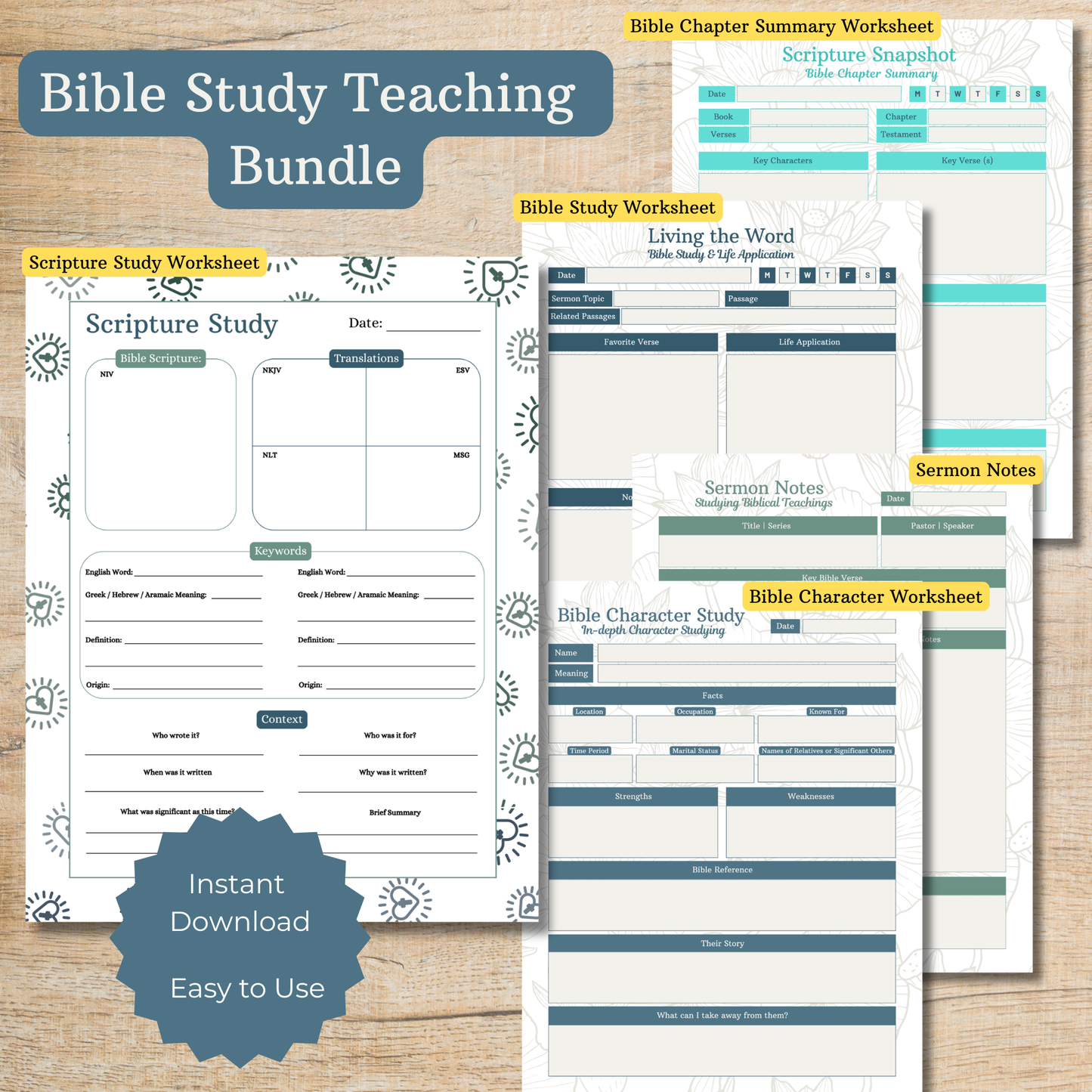 Bible Study Teaching Bundle with worksheets on a wooden surface