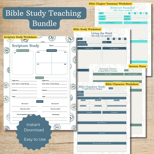 Bible Study Teaching Bundle with worksheets on a wooden surface