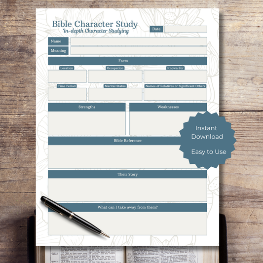 Bible character study worksheet on a wooden surface with a pen.
