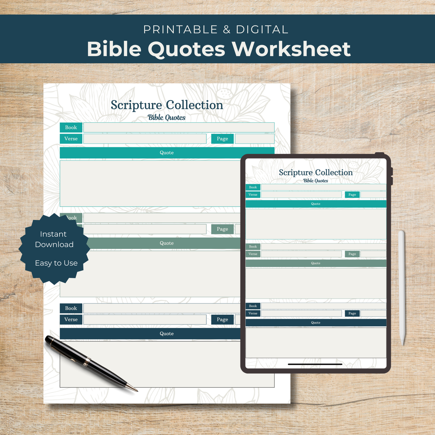 Bible Quotes Worksheet on paper and digital device with pen on wooden surface