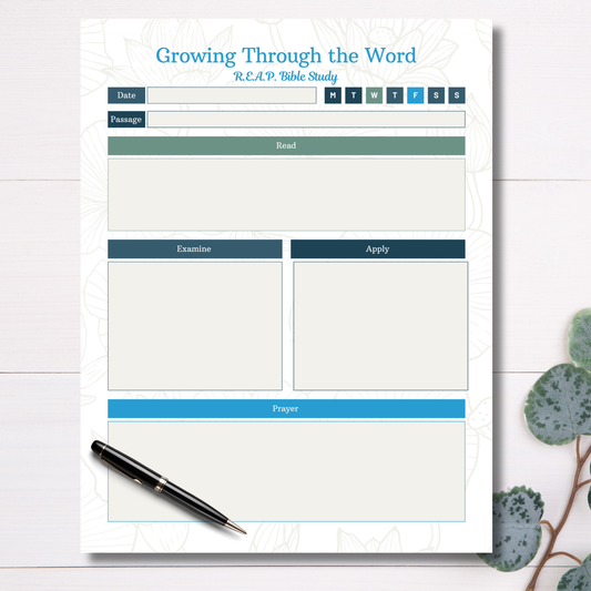 Bible study planner titled 'Growing Through the Word' with a pen on a white surface.