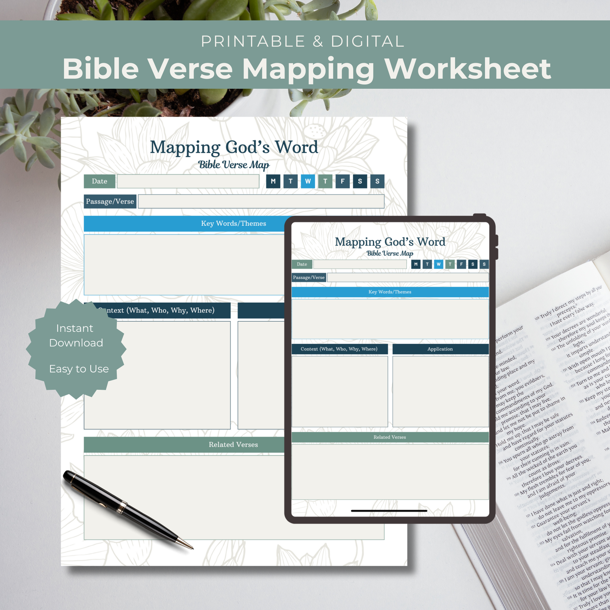 Bible Verse Map template with sections for Date, Passage/Verse, Key Words/Themes, Context, Application, and Related Verses on a white background.