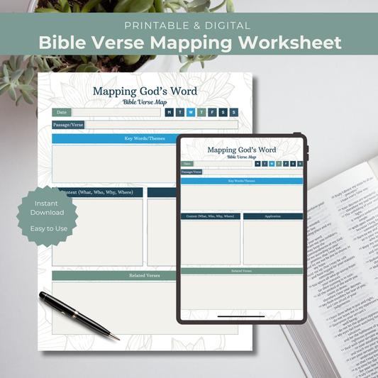 Bible Verse Map template with sections for Date, Passage/Verse, Key Words/Themes, Context, Application, and Related Verses on a white background.