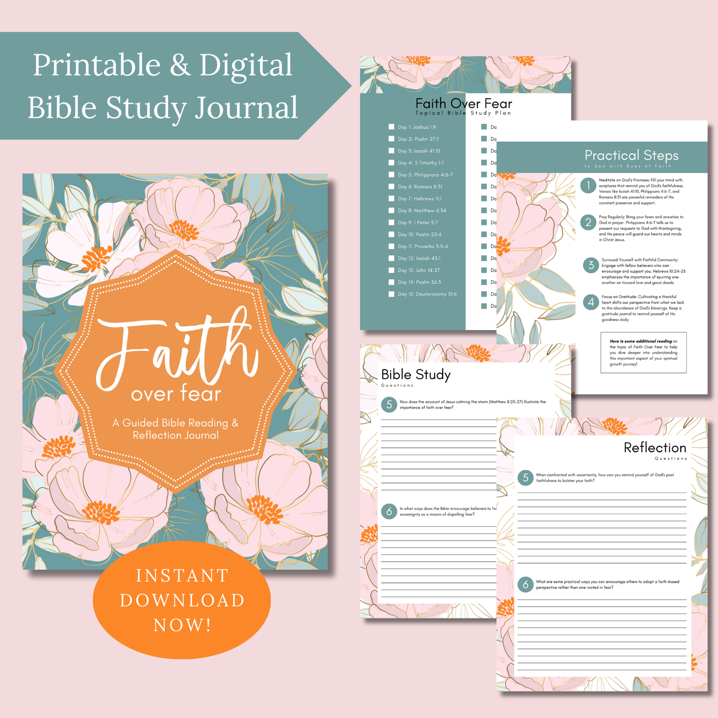 Floral-themed Bible study journal with 'Faith over fear' design on a pink background