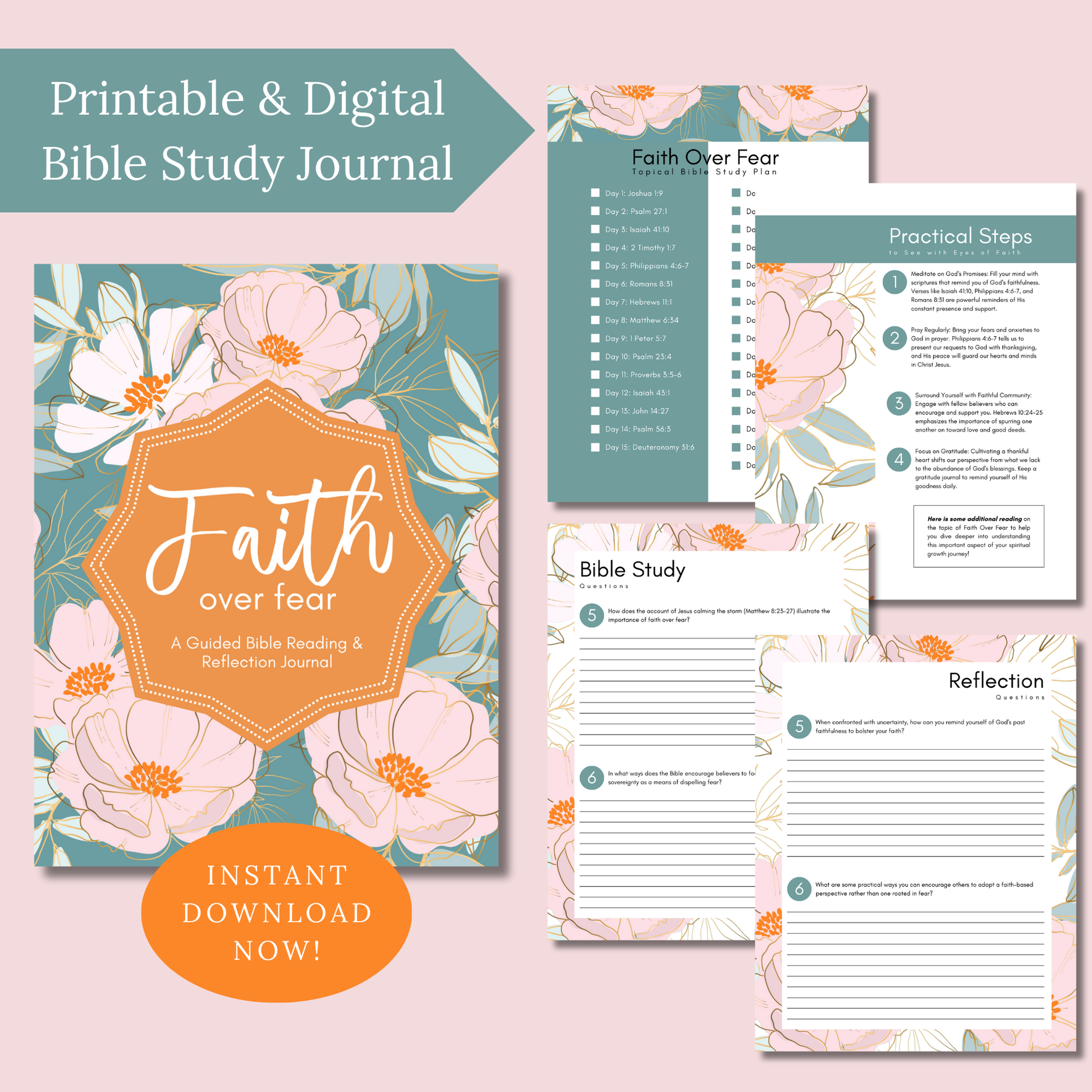 Floral-themed Bible study journal with 'Faith over fear' design on a pink background