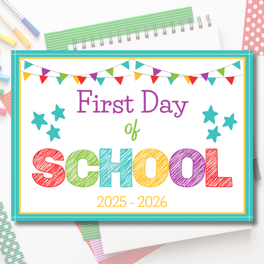 Colorful sign for the 'First day of School' with decorative elements on a school supplies background.