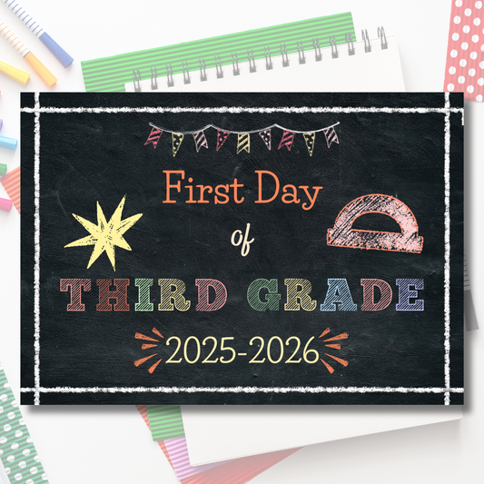 Chalkboard sign for the 'First Day of Third Grade' with colorful text and school supplies on a white background.