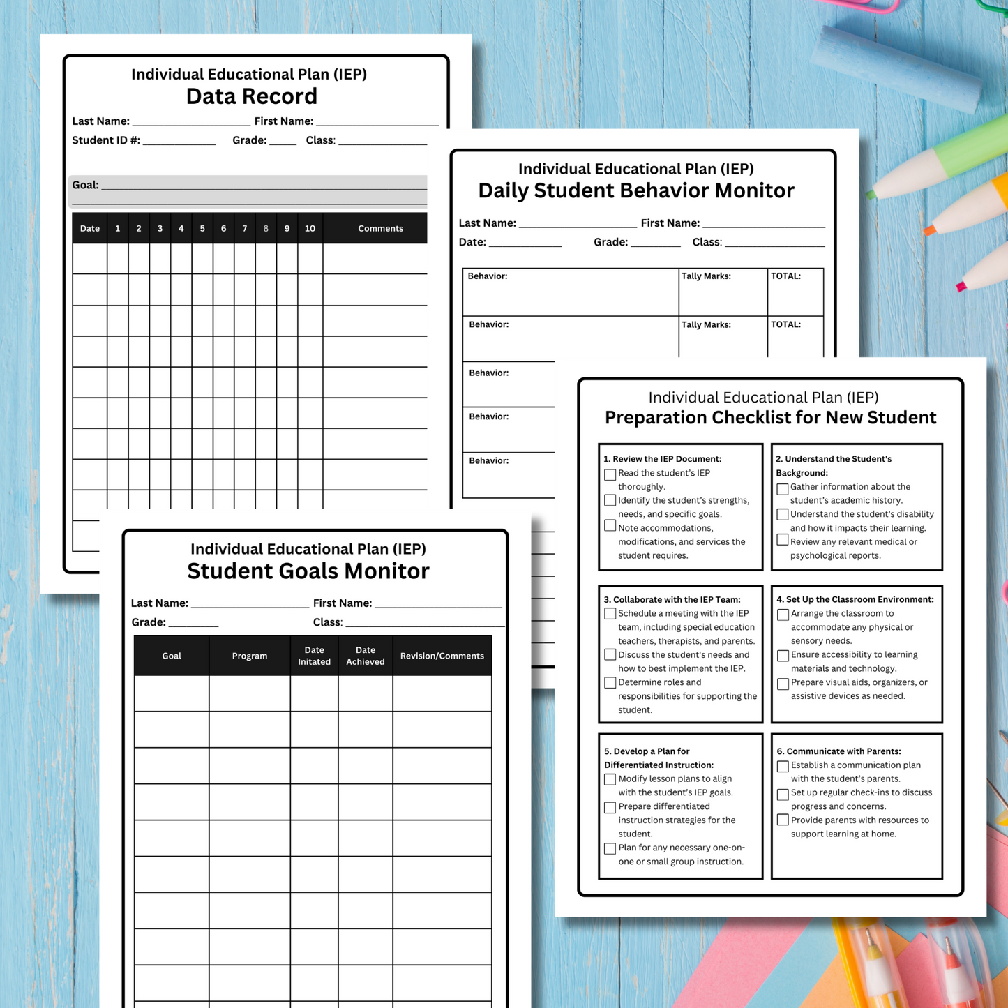 IEP printables bundle with student goal tracking and meeting preparation forms