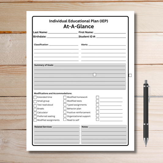 Printable IEP at-a-glance template for teachers to organize student accommodations, goals, services, and alerts