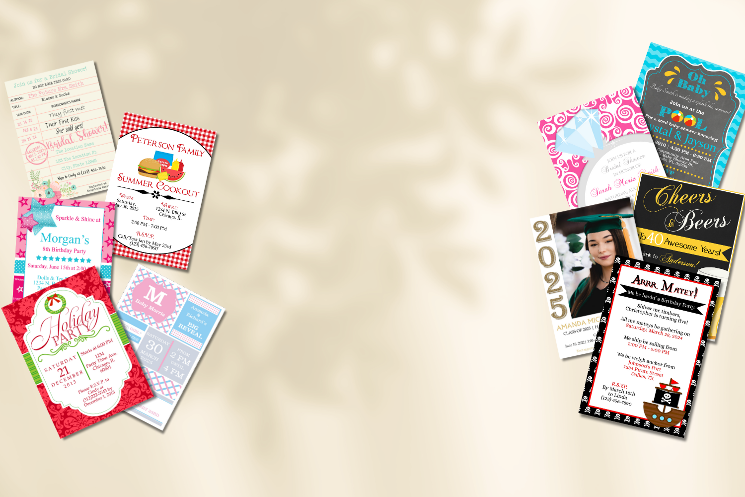 Collection of colorful invitations and greeting cards on a beige background