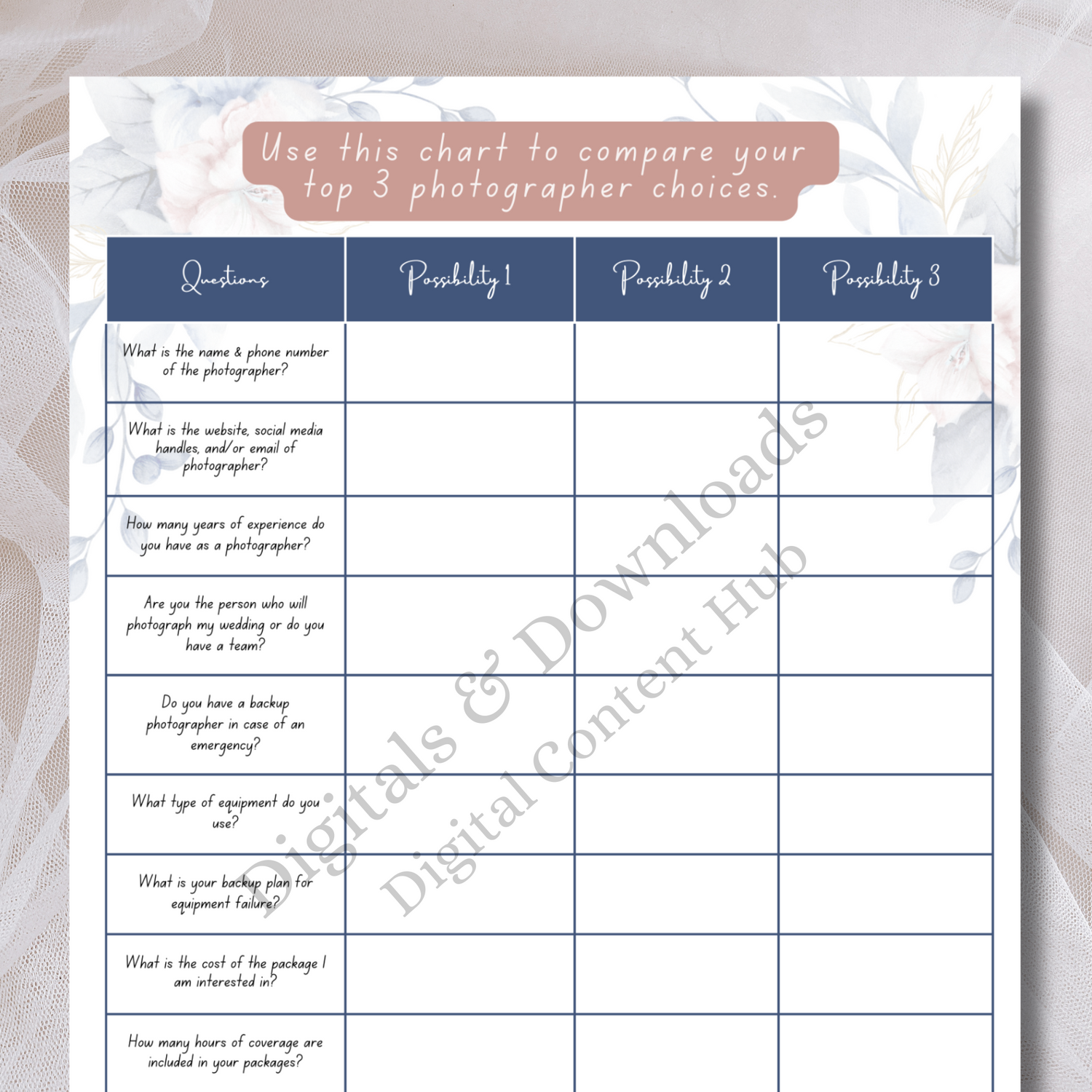 Wedding Photographer Comparison Chart - Printable & Digital