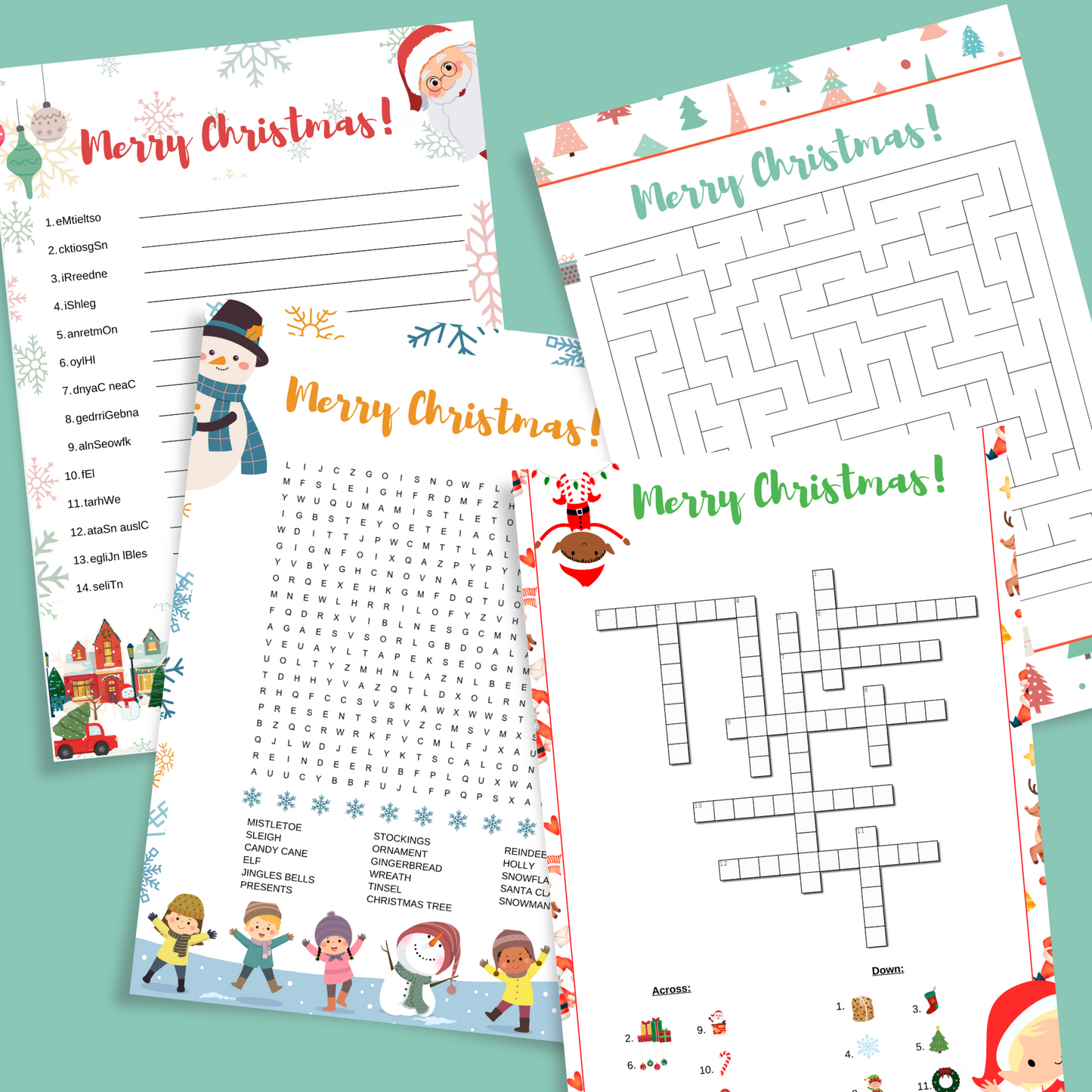 Printable Christmas activity worksheets for elementary kids with crossword, maze, word search, and word scramble activities