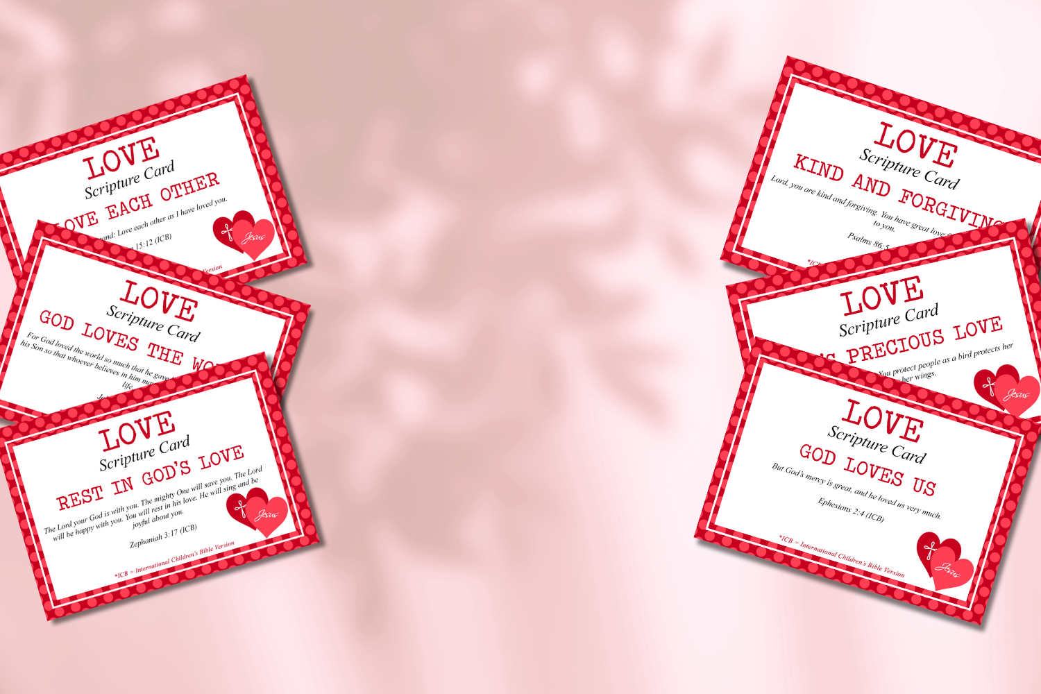 Love-themed scripture cards on a pink background