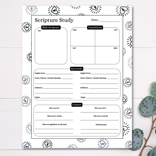 Sheet of paper with a Scripture Study template on a white background