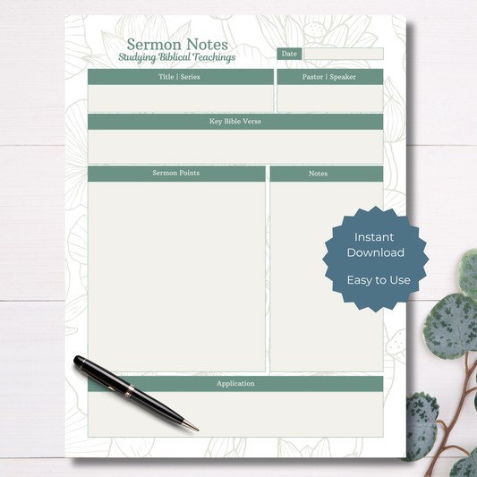 Sermon notes sheet with a pen on a white background