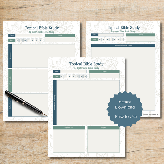 Three topical Bible study sheets on a wooden surface with a pen and 'Instant Download Easy to Use' label.