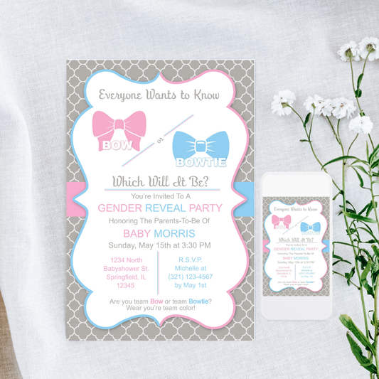 Bow and Bowtie Gender Reveal Invitation