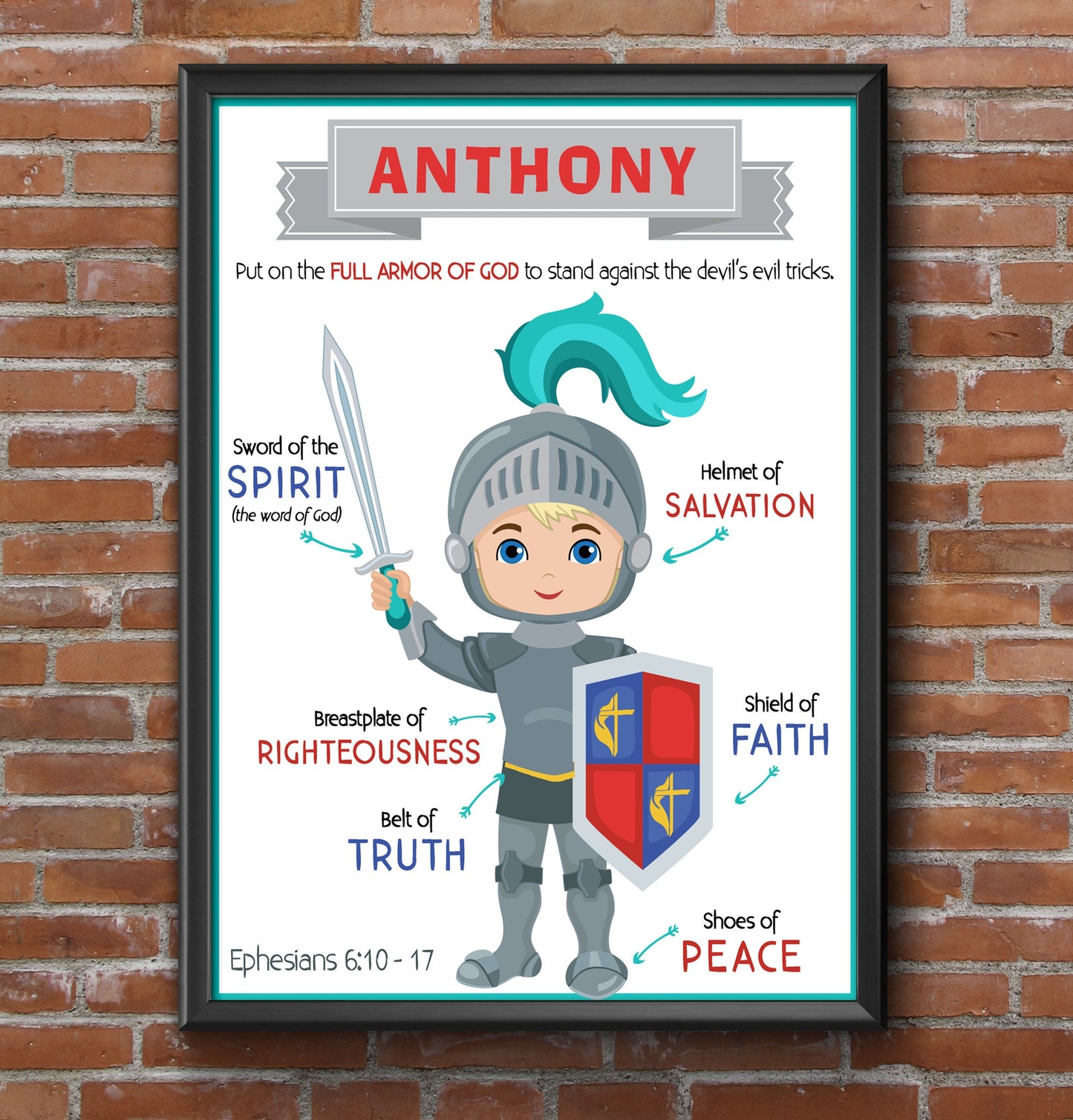 Personalized Armor of God wall art printable for boys featuring Ephesians 6 Christian decor and editable name field