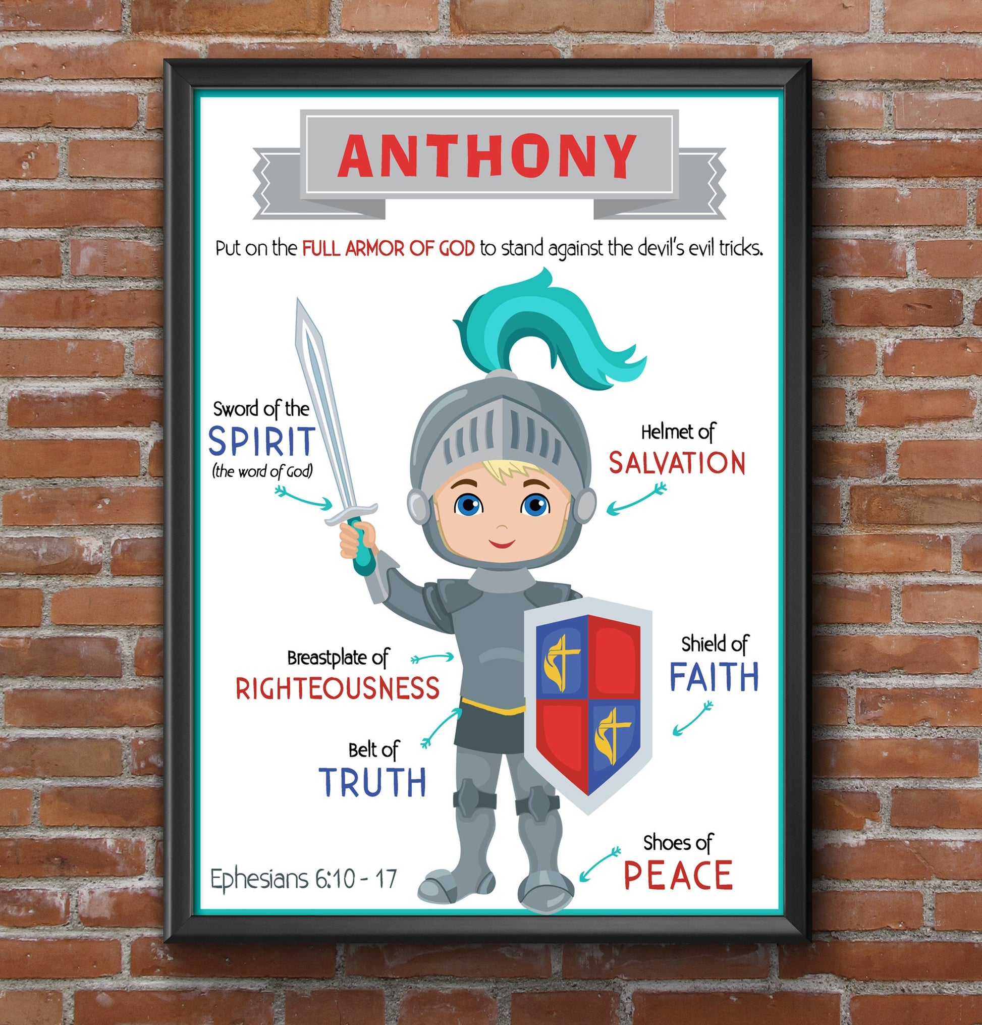Personalized Armor of God wall art printable for boys featuring Ephesians 6 Christian decor and editable name field